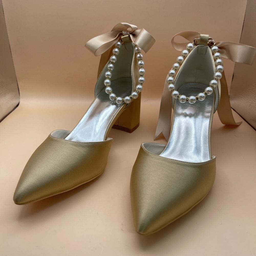 Champagne Satin Block Heels w/ Pearl Ankle Strap • EU 37 (US 6.5–7)